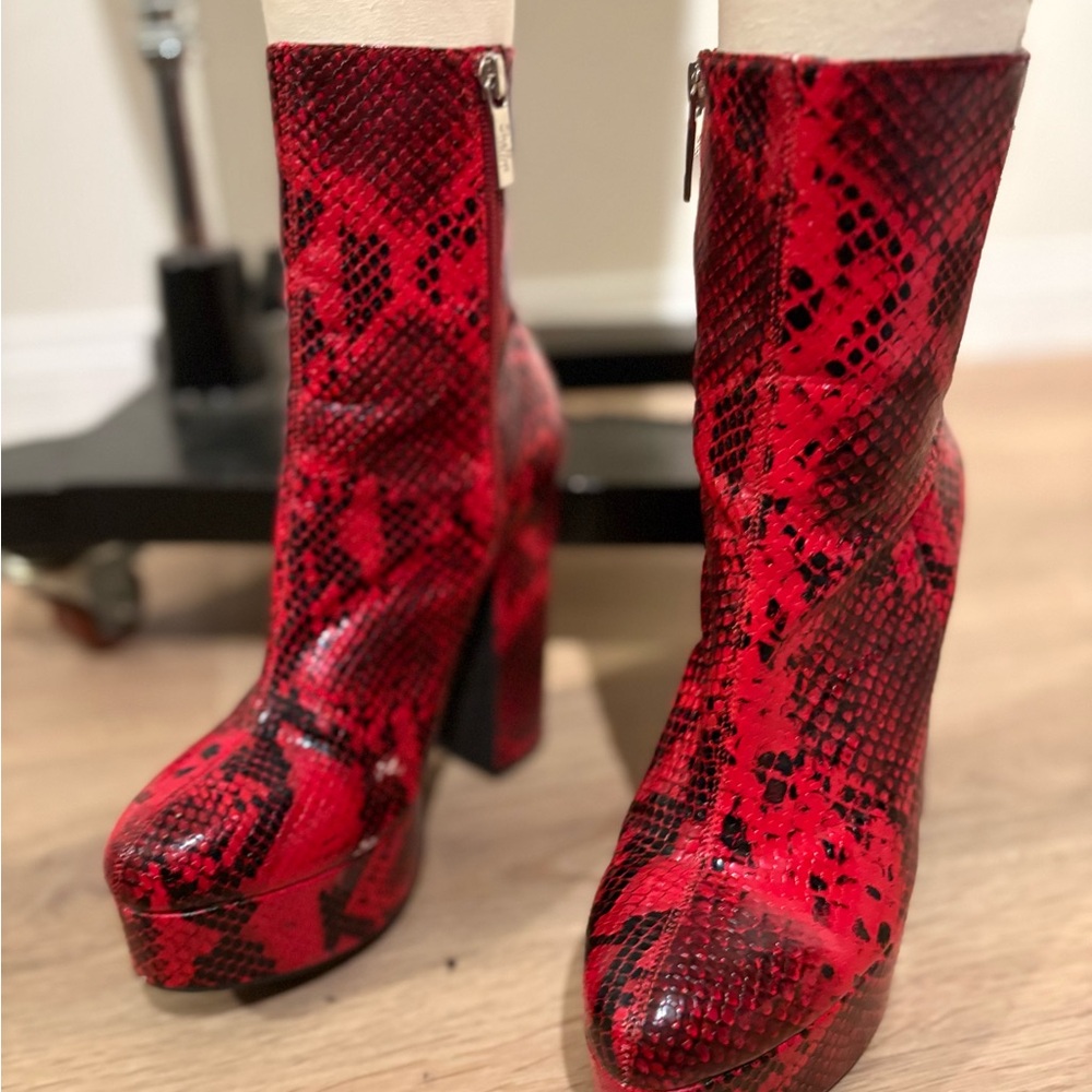 Shellys London Red Snake Print Heeled Boots. Like NEW